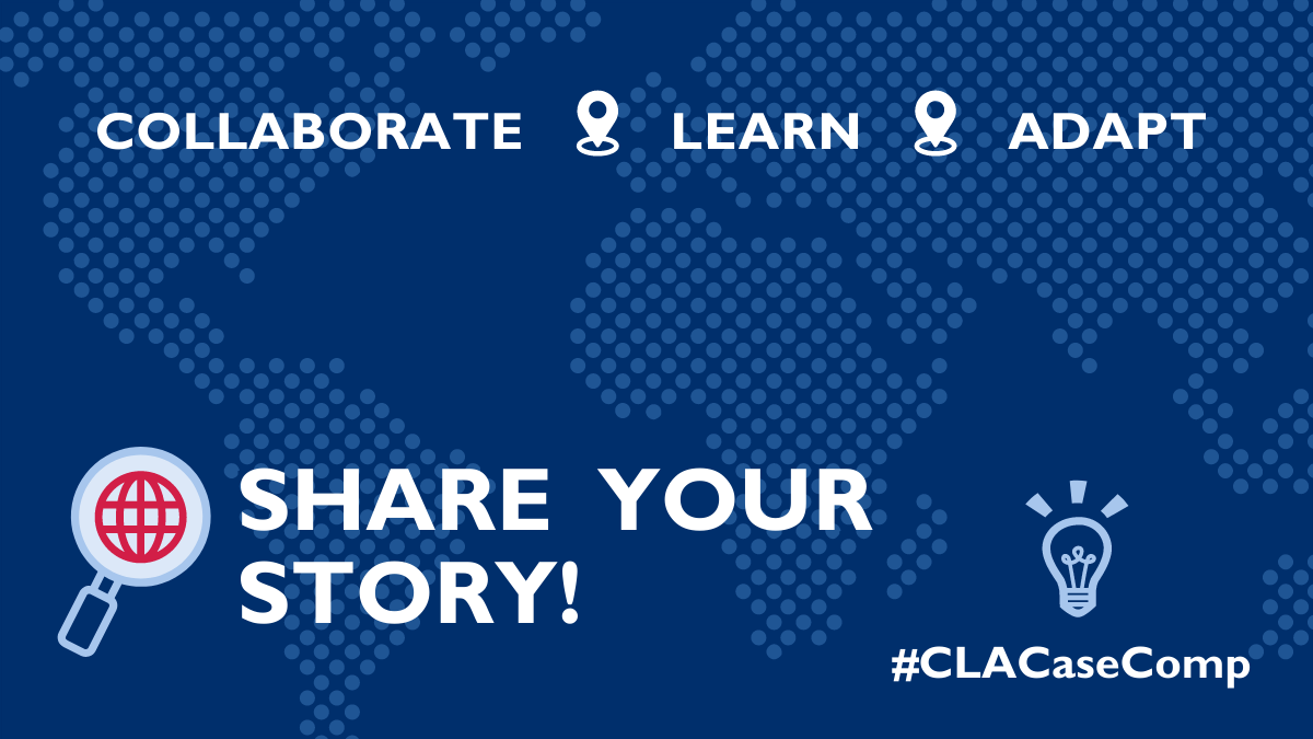blue graphic with white text "Collaborate, Learn, Adapt. Share your story!"